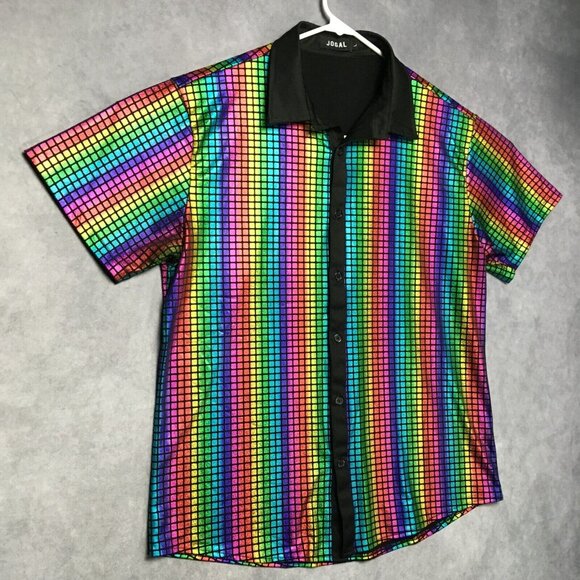 Jogal Mens Shimmer Rainbow Shirt size Large Button Up Short Sleeve Sequence - Picture 2 of 11